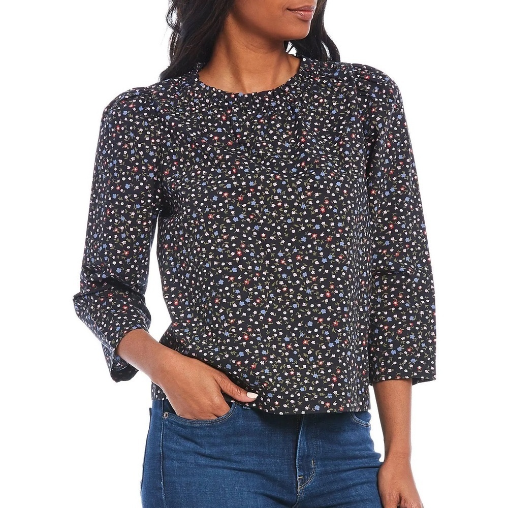 Levi’s Floral Pattern Ruffle Crew Neck Long Sleeve Cotton Blouse Top Size Large